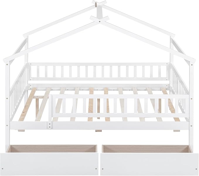 Merax Full Size Wooden House Bed with Two Drawers, Wood Bed Frame with Roof and Safety Guardrail for Kids, Teens, Boys or Girls, White
