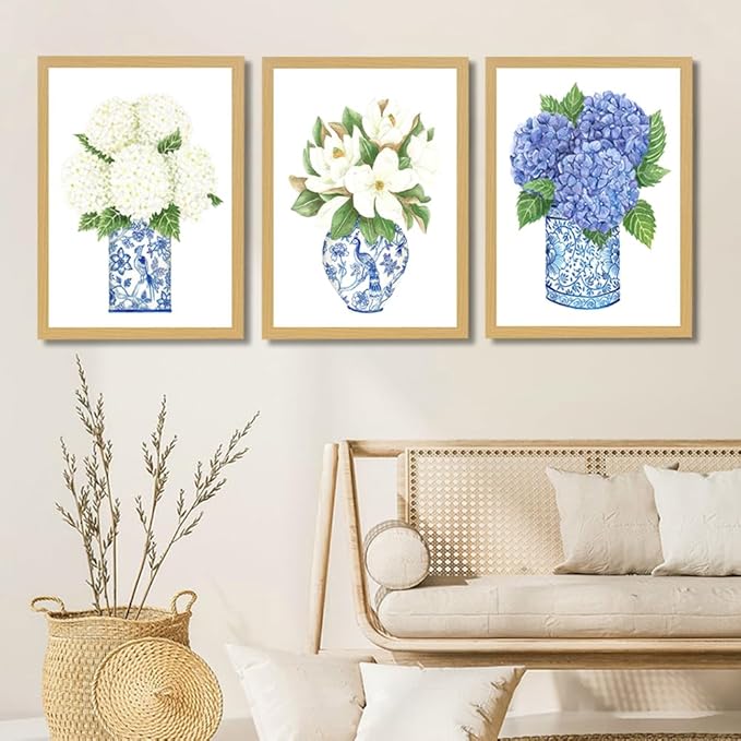 LUHDFYS Blue White Willow Style Ginger Jar Watercolor Chinoiserie Decor Canvas Painting Orchid Oriental Vase Porcelain Flower Jar Prints Polystyrene frame (12x16Inch Framed)