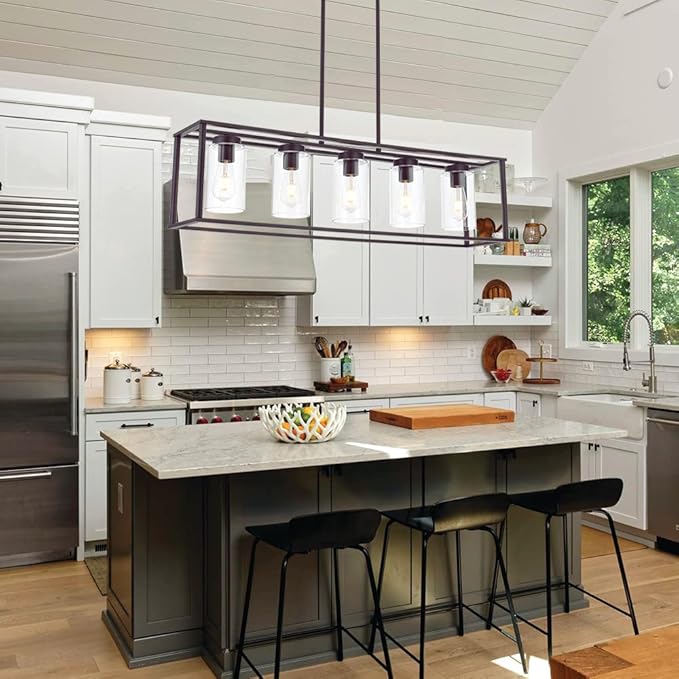 VINLUZ 5-Light Kitchen Island Chandeliers Oil Rubbed Bronze Modern Linear Cage Pendant Lighting with Clear Glass Shades Farmhouse Ceiling Light Fixtures Hanging for Dining Room Living Room
