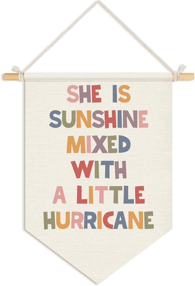 Wheatwin Girl Nursery Decor, She Is Mixed With a Little Hurricane Wall Hanging Pennant Flag Banner, Inspirational Nursery Wall Decor for Toddler Baby Girls Room Bedroom Dorm Playroom 15x11 Inch