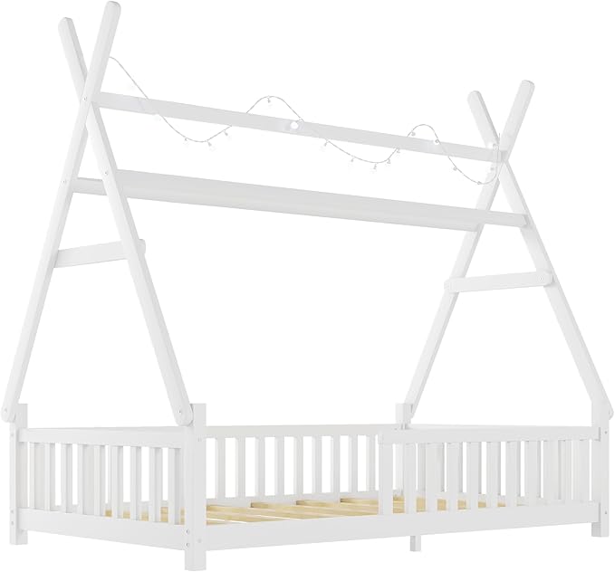 Twin House Bed with Roof & LED Light, Low Profile House Bed with Fence, Safe Guardrails, DIY-Friendly for Boys & Girls, Solid Wood & MDF Construction, No Box Spring Required, White