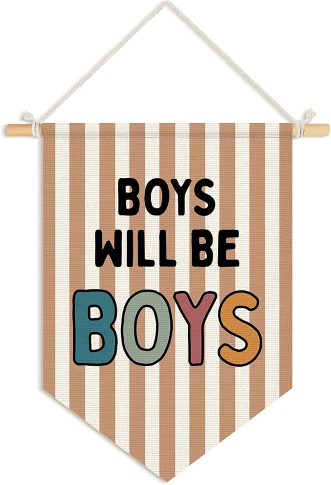 Wheatwin Boy Room Decor, Boys Will Be Boys Wall Hanging Pennant Flag Banner, Neutral Striped Kids Wall Decor for Nursery Toddler Room Bedroom Playroom 15x11 Inch