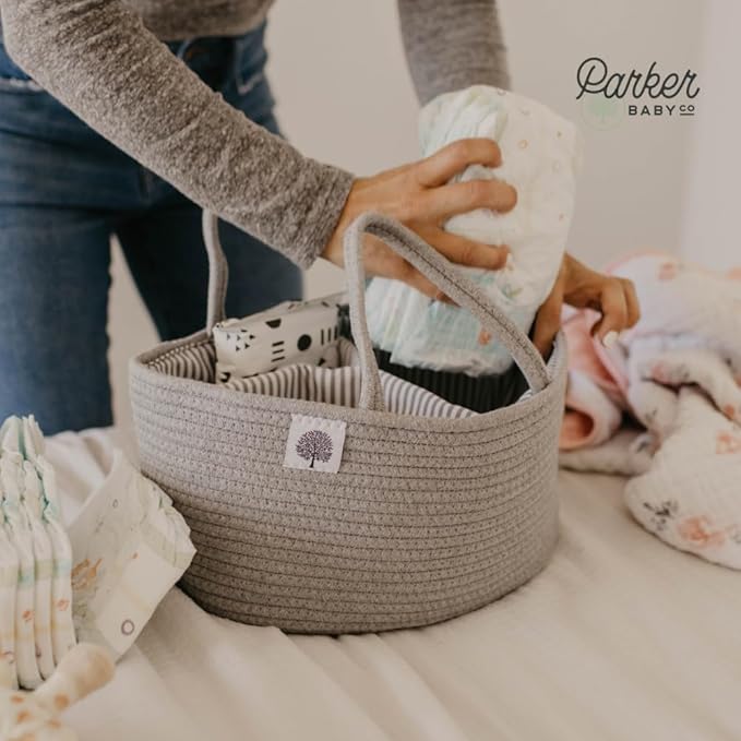 Parker Baby Rope Diaper Caddy Organizer - Nursery Storage Bin and Car Organizer for Diapers and Baby Wipes - Diaper Organizer for Baby Essentials, Baby Shower Gifts - Gray