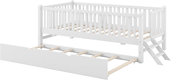 Wood Twin Size Platform Bed with Guardrail and Trundle, Kids Bed with Ladder for Bedroom, Kids Montessori Style Bed Frame for Girls Boys (White-Trundle)