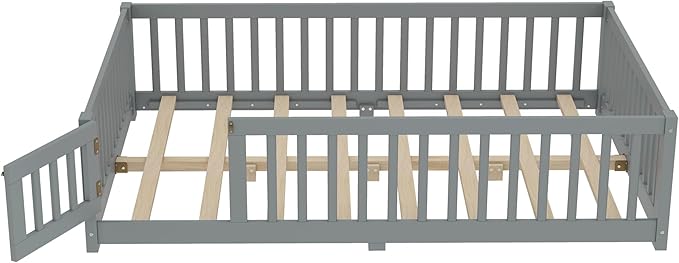 Full Size Floor Bed with Fence and Lockable Door, Wood Montessori Bed Frame with Slat Support for Kids,Boys,Girls,Easy Assembly, Gray