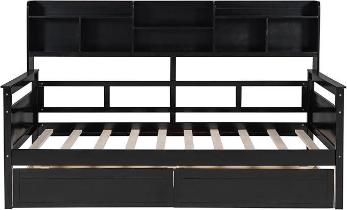 Harper & Bright Designs Twin Daybed with Storage, Wood Twin Size Bed Frame with Bookcase Headboard and 2 Drawers, Twin Sofa Bed with Shelves for Living Room Bedroom, No Box Spring Need, Espresso