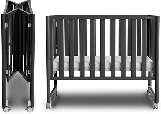MAMAZING EvoNook 6-in-1 Convertible Mini Crib, 100% New Zealand Pinewood, 4 Adjustable Mattress Heights,GREENGUARD Gold Certified, Black with Matttress
