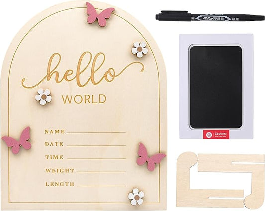 iEvolve Baby Announcement Sign Hello World Wooden Birth Name Sign Welcome Baby Newborn Board Butterflies and White Flowers Nursery Decor for Baby Girls Boys (Pink Butterfly)