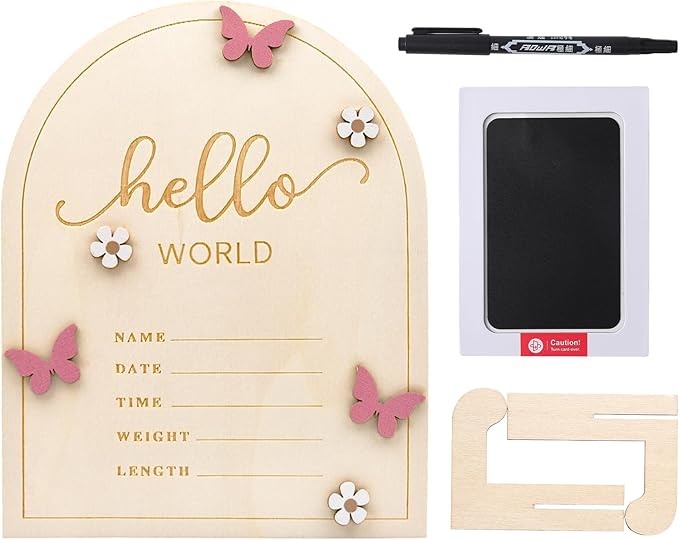 iEvolve Baby Announcement Sign Hello World Wooden Birth Name Sign Welcome Baby Newborn Board Butterflies and White Flowers Nursery Decor for Baby Girls Boys (Pink Butterfly)