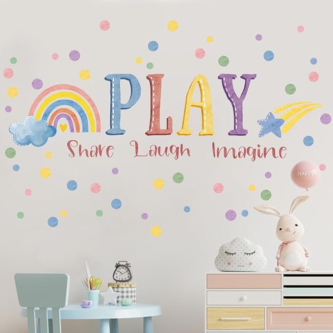 Mfault Playroom Wall Decals Stickers, Inspirational Play Share Laugh Imagine Quotes Nursery Classroom Decorations Bedroom Art, Rainbow Polka Dots Neutral Toddlers Kids Room Decor Gifts