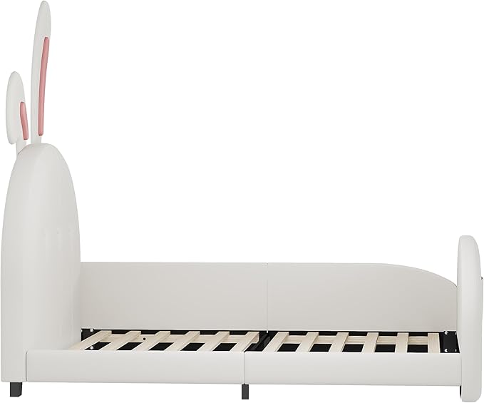 Harper & Bright Designs Twin Size Upholstered Rabbit Shape Princess Bed Frame for Boys Girls Kids Adults Toddler, Twin Size Platform Bed with Headboard and Footboard,White