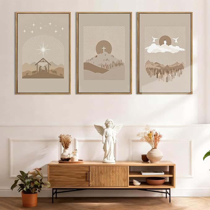 IARTTOP Extra Large Jesus Christian Framed Wall Art 24x36 Inch Set of 3 Jesus’s Nativity Crucifixion Resurrection Canvas Wall Decor Grey Brown Bible Verse Artwork for Church Living room Bedroom
