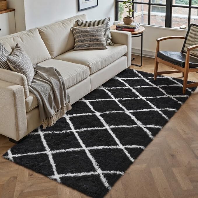 2x6 Checkered Runner Rug Black and White Modern Soft Carpet Fluffy Non-Slip Carpet for Bedroom Living Room Playroom Home Aesthetic Decor
