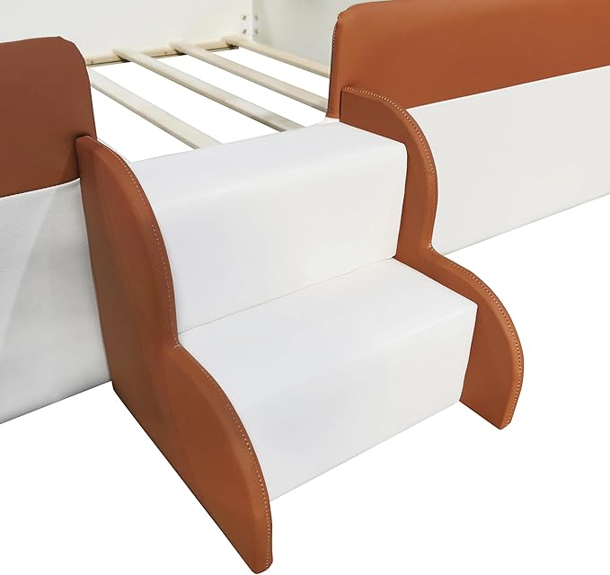 Queen Size Upholstered Daybed Frame with Fence and Stairs, Montessori Kids Floor Bed with Sturdy Slat Support for Kids Boys Girls (Brown+Queen)