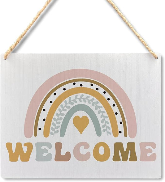 Ryeolo Boho Rainbow Welcome Wooden Plaque Sign for Classroom Wall Hanging, Door Decor, 10.2x7.8 Inches, 12X6