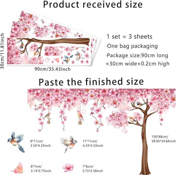 Pink Cherry Blossom Tree Wall Decals, Pink Floral Birds Butterflies Wall Stickers for Girls Bedroom Playroom Nursary, 59x35 inch