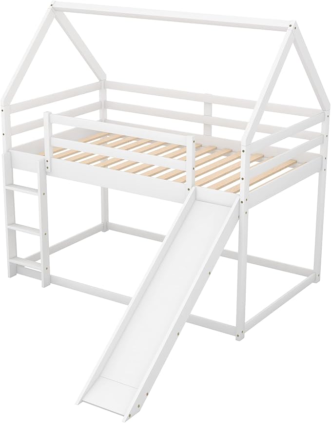 Twin Size Bunk House Bed with Slide and Ladder,can Switch Positions Left & Right,Bedroom Wood Loft Bed Frame W/No Box Spring Required,Easy to Assemble,for Kids Teens Girls Boys,White