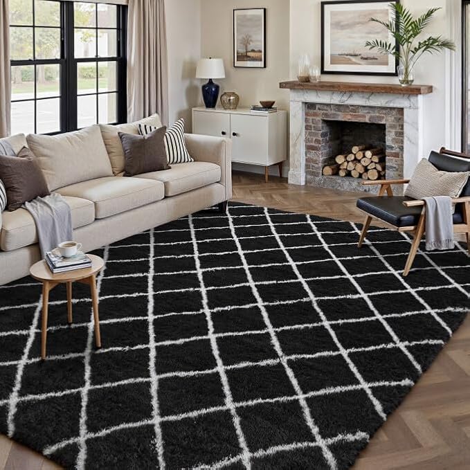 6x9 Checkered Rug for Living Room Black and White Modern Soft Area Rug Fluffy Non-Slip Carpet for Bedroom Playroom Home Aesthetic Decor