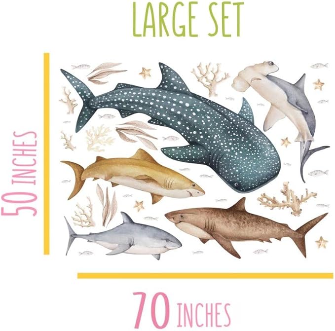 Fish Wall Stickers – Fish Decals for Coral Reef Decorations with Whale Shark, Hammerhead, and Coral, for Nursery Baby Kids Bedroom Bathroom, Large Set (70″×50″) 35 Pcs