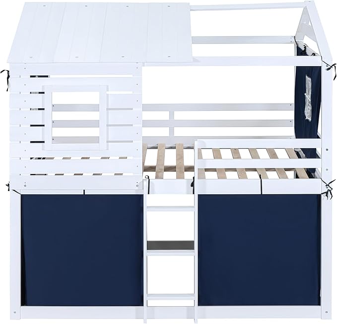 Full Size House Bed Tent Bed with Windows for Kids Teens Boys Girls, Solid Wood Bunk Bed Frame with Guardrails, Versatile Spacious Under Bed Space with Curtains (Blue-Tent Full)