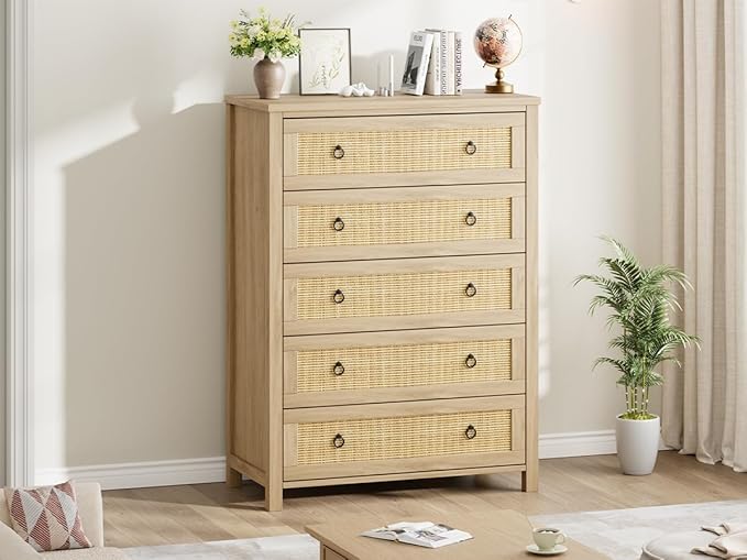 IDEALHOUSE Rattan Dresser for Bedroom with 5 Drawers, 45'' Tall Chest of Large Drawers with Large Clothes Storage Cabinet, Wood Bedroom Dresser, TV Stand for Nursery, Living Room, Enterway