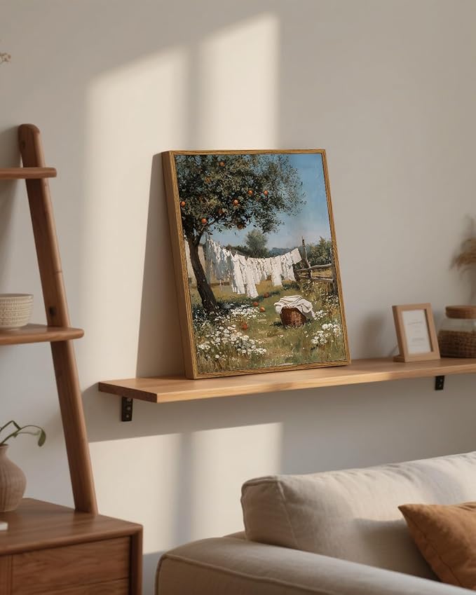 ARPEOTCY Vintage Framed Canvas Wall Art, 12x16inch, Farmhouse Laundry Wall Decor, Country Art Prints Home Decorations, Country Landscape Paintings for Summer Laundry Room Shelf Decor