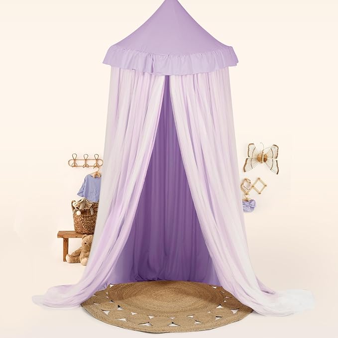 Large Bed Canopy with Star Lights, Double Layer Canopy for Bed, Princess Play Tent for Girls Room, Breathable Canopy Bed Curtain for Children Reading Nook, Machine Washable Canopy, 40''x106'', Purple