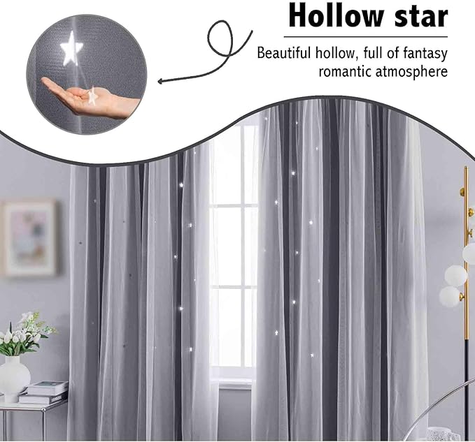 Anytime 2 Panels Star Blackout Curtains for Girls Kids Baby Bedroom Window Curtain Double Layer Star Cut Out Living Room Decor Wall Home Decorations Curtain（W52 x L63,Grey）