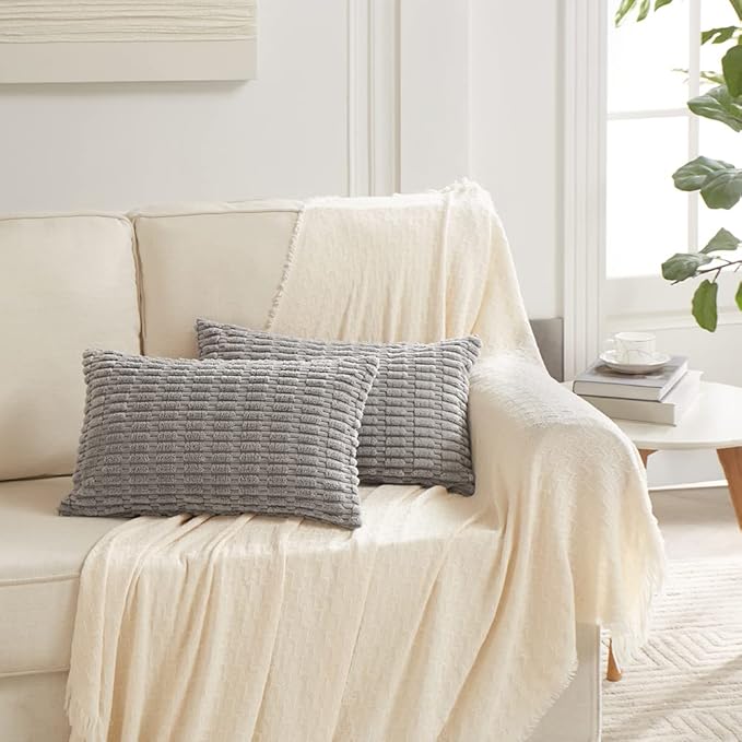Fancy Homi 2 Packs Gray Lumbar Farmhouse Decorative Throw Pillow Covers 12x24 Inch for Living Room Couch Bed Sofa, Rustic Boho Home Decor, Soft Striped Corduroy Rectangle Cushion Case 30x60 cm