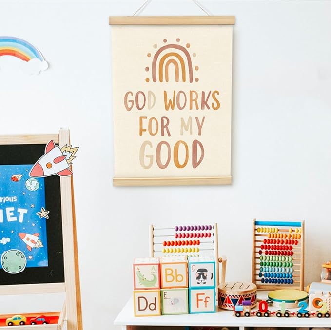 PLKMN Christian Nursery Wall Decor, God Works for My Good Wall Art with Wooden Poster Hanger, Boho Rainbow Christian Wall Decor for Nursery Kids Room Sunday School Preschool Classroom, 12x16 Inch