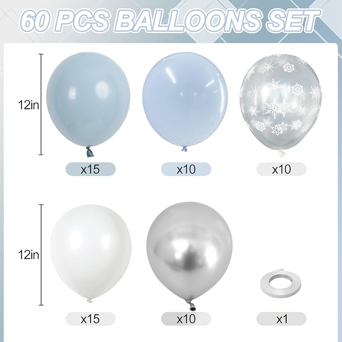 Blue Winter Wonderland Balloons, 60 PCS 12 Inch Dusty Light Baby Blue White and Silver Balloon Snowflake Balloons for Boy Baby Shower Winter Christmas Holiday Birthday Party Decorations