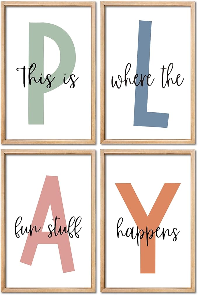 YWJKWLGS This Is Where The Fun Stuff Happens Kids Playroom Wall Decor 16"x24" Set of 4 Nursery Interesting Modren Wood Framed Let's Play Prints Sign for Boy Toddler Children Wall Hanging Art (Wood)