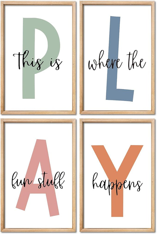 YWJKWLGS This Is Where The Fun Stuff Happens Kids Playroom Wall Decor 16"x24" Set of 4 Nursery Interesting Modren Wood Framed Let's Play Prints Sign for Boy Toddler Children Wall Hanging Art (Wood)