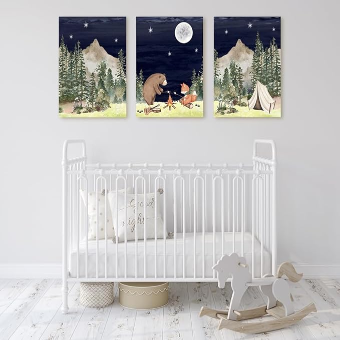 Camping Nursery Wall Decor, Bear Fox Nursery Print, Moon Night Woodland Nursery Decor, Watercolor Mountain Forest Wall Art, Set of 3 Nature Picture for Boy Girl Bedroom, Framed Canvas, 12"x16"x3