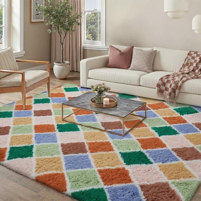 5x7 Checkered Rug for Living Room Colorful Modern Soft Area Rug Fluffy Non-Slip Carpet for Bedroom Playroom Home Aesthetic Decor