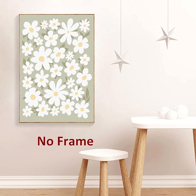 Daisies Canvas Wall Art Modern Flower Painting White Daisy Picture Minimalist Flower Posters Green Floral Painting Rustic Botanical Wall Art White Flower Pictures for Living Room Bedroom 16x24in