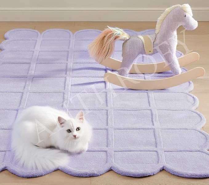 Selena Scallop Area Rug – 3’ x 5' – Handmade Wool Area Rugs – Purple – Rugs for Living Room, Bedroom – Anti-Skid – Carpets with Non-Slip Natural Backing with 100% Cotton
