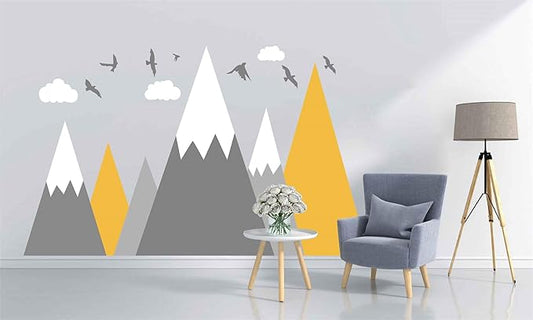 Mountain Wall Decal Baby Room Nursery Adventure Theme Cloud Birds Vinyl Wall Stickers BA972 (Color 1-Yellow, 71X43.inches)