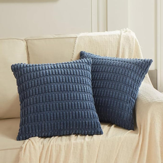 Fancy Homi 2 Packs Dusty Blue Decorative Throw Pillow Covers 22x22 Inch for Living Room Couch Bed Sofa, Rustic Farmhouse Boho Home Decor, Soft Striped Corduroy Square Cushion Case 55x55 cm