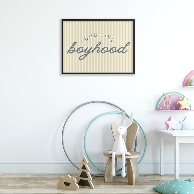 Long Live Boyhood Quote Wall Art Preppy Blue Stripe Poster 12x16 inch Black Framed Modern Fashion Minimalist Canvas Prints for Boy Nursery Bedroom Wall Decor