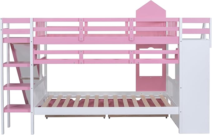 Full-Over-Full Bunk Beds Castle Style Bunk Bed with 2 Drawers 3 Shelves and Slide - Pink