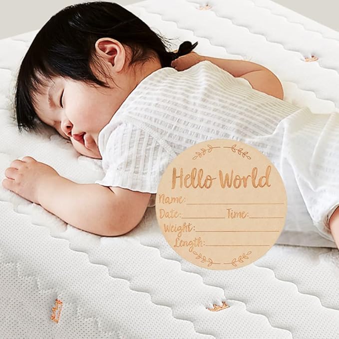 Wooden Baby Announcement Sign, 5.9Inches Hello World Newborn Signs, Double Sided Birth Announcement Sign, Lovely Babies Name Plaques for Photo Prop Ba-by Shower Hospital Nursery Gift.