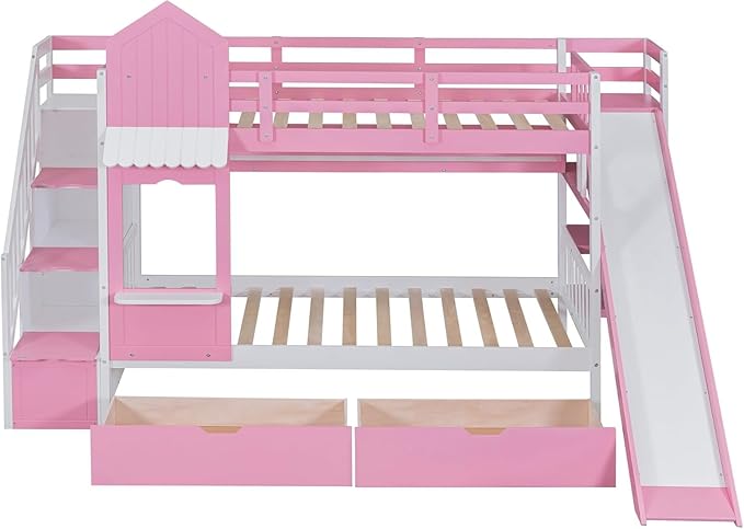 MERITLINE Twin Over Twin Castle Bunk Bed with Slide,Stairs and Drawers,Solid Wood Floor House Princess Bunk Bed with Storage Shelves (Pink)