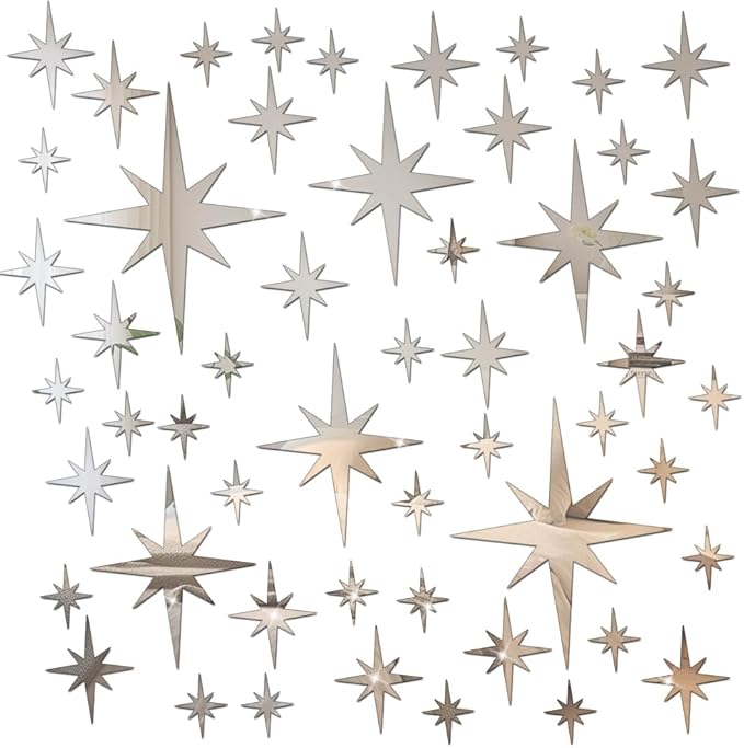 71 Pcs Silver Star Stickers, 3D Acrylic DIY Star Mirror Wall Stickers Decor, Removable Decals Art Self-Adhesive for Home Nursery Classroom Bedroom Interior Wallpaper Background Art Decor
