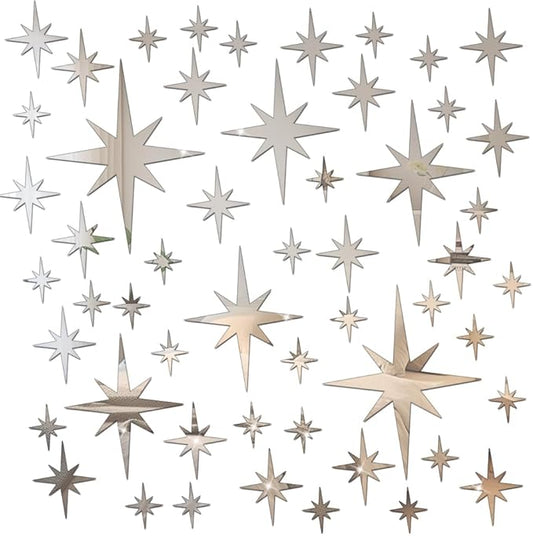 71 Pcs Silver Star Stickers, 3D Acrylic DIY Star Mirror Wall Stickers Decor, Removable Decals Art Self-Adhesive for Home Nursery Classroom Bedroom Interior Wallpaper Background Art Decor