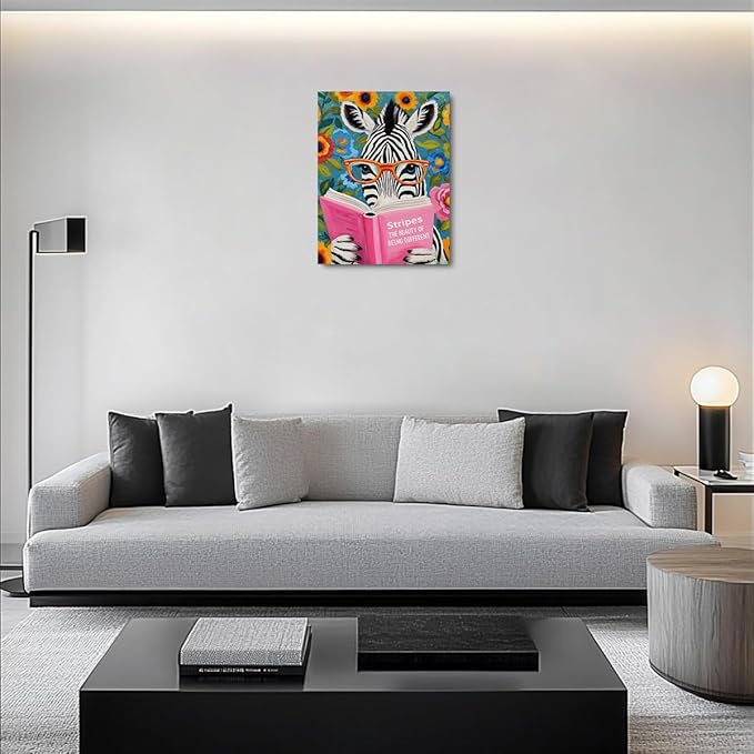 Whimsical Zebra Reading Book Art Print Literary Animal Book Lovers Gifts Wall Decor Canvas Wall Art Framed Artwork for Home Living Room Kitchen Office Decorations Paintings Pictures 11.5X14.5 Inch