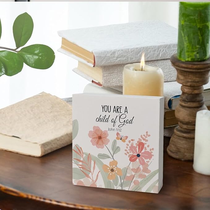 Christian Bible Verse Boho Nursery Decor, Christian Religious Decor Gift, You Are A Child of God Quote Motivational Wooden Box Block Sign Decor for Home Desk Shelf,5x5