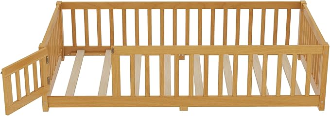 Bellemave Montessori Twin Floor Bed Frame with Fence and Removable Door, Low Profile Twin Size Montessori Bed Frame for Kids, Solid Wooden Floor Beds for Bedroom,Nursery, Natural