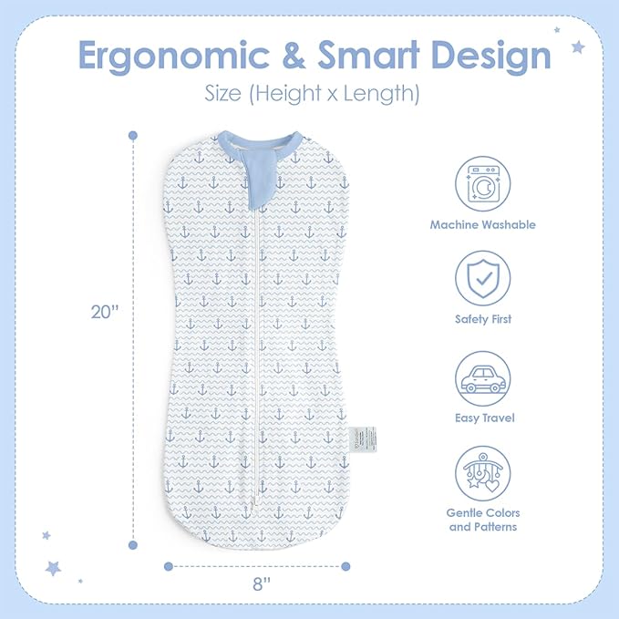 Baby Swaddle 0-2 Months, Cotton Arm-In Zipper Sleep Sack, Wearable Blankets Wrap for Newborn Infant Girls and Boys (Whale, Anchor, Pack of 2)