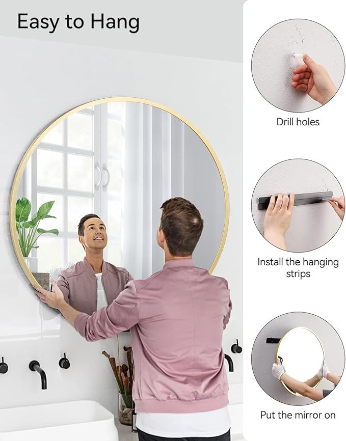 Gold Circle Mirror for Bathroom, 24 inch Circle Mirror, HD Eco-Friendly Round Bathroom Mirror for Over Sink, Matte Gold Metal Framed Wall Mirror for Wall, Vanity, Living Room, Easy to Install